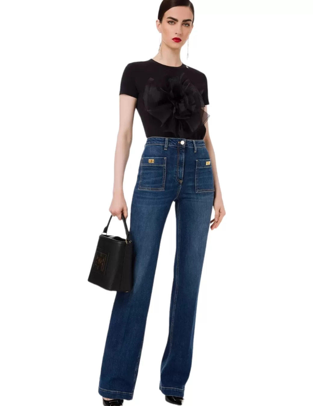 New Elisabetta Franchi Pantalón Denim Campana Azul