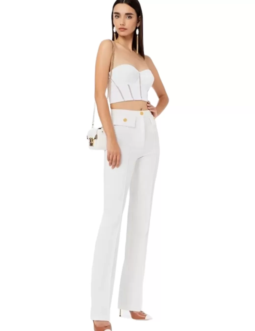 New Elisabetta Franchi Pantalón Recto Aplicaciones Blanco