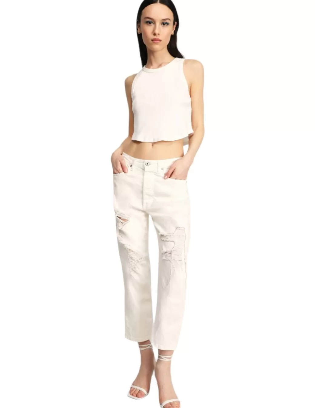 Best Sale Please Pantalon Rotos Con Strass Crudo Beige