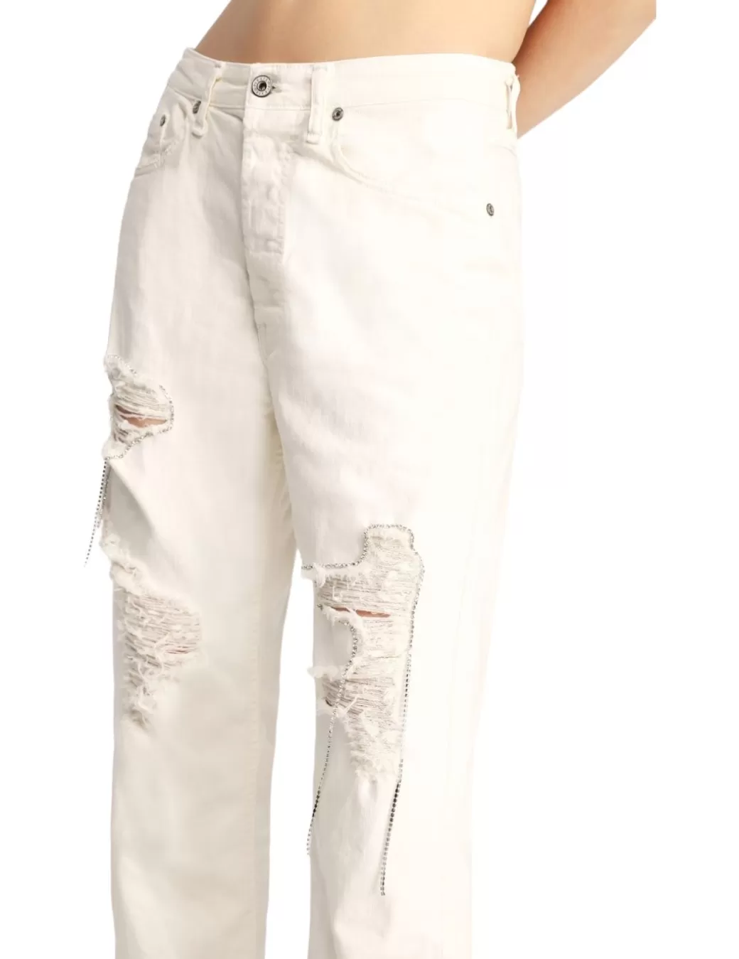 Best Sale Please Pantalon Rotos Con Strass Crudo Beige